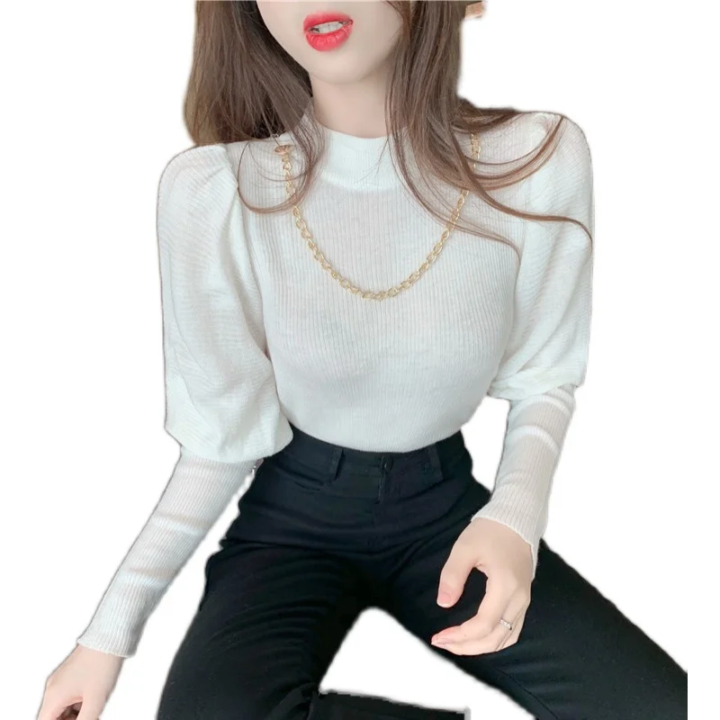 

2021 Stand-up Collar Chain Decoration Puff Sleeve Sweater Women's Self-cultivation All-match Thin Long-sleeved Bottoming Sweater