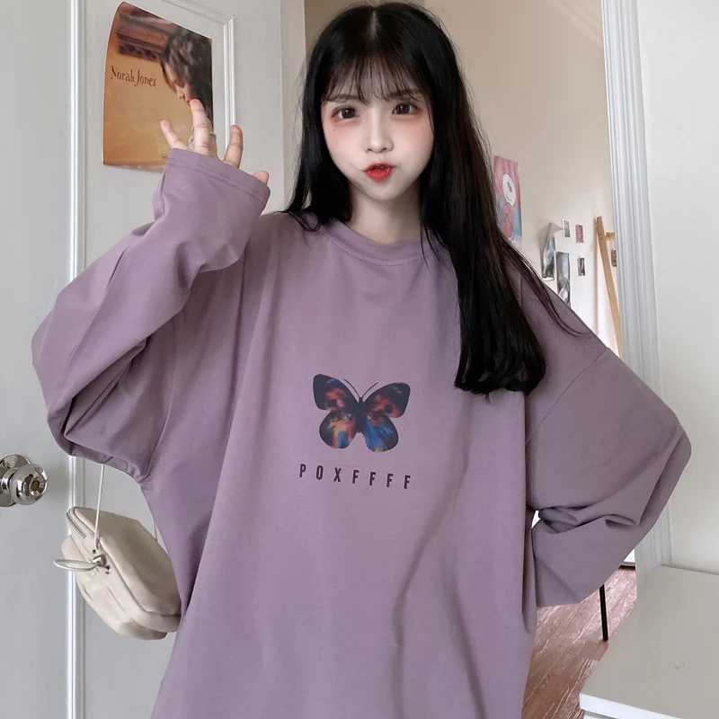 

Hoodies Women Butterfly-Print Oversize BF Ulzzang Drop-shoulder Ins Popular Autumn Slouchy Tunic Hoody Round Neck Street Girls