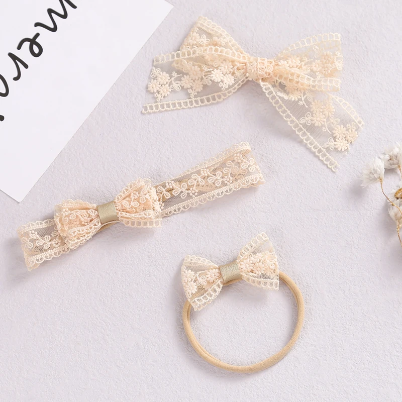 Cinta para cabeza con lazo para beb&eacute;, bandanas bordadas de encaje para ni&ntilde;a, turbante Kawaii, diademas de nacimiento para reci&eacute;n nacidos, accesorios el&aacute;sticos con Clip-0