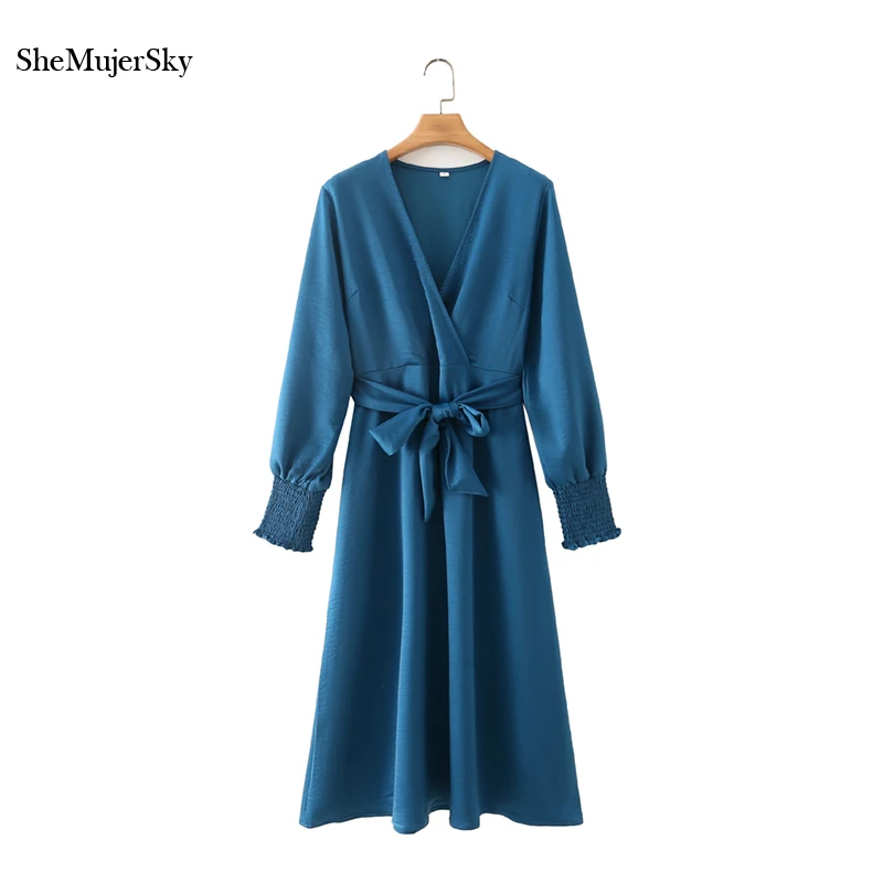 

Женское атласное платье SheMujerSky с длинным рукавом и V-образным вырезом, синее миди-платье с поясом, весна-осень 2021