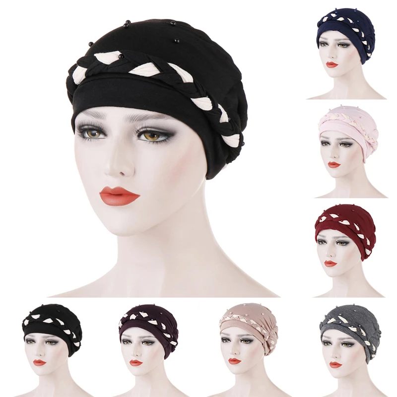 

New Casual Turbans For Women Pearls Decor Femme Musulman Headscarf Turban Cap Single Braid Caps For Female