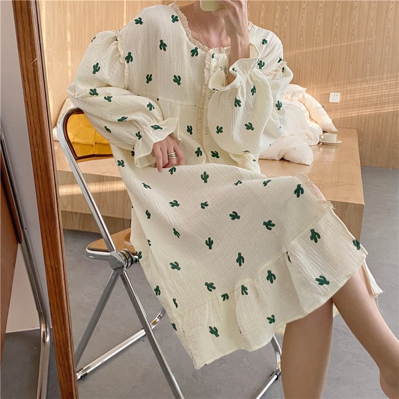 

women cactus nightgown lady loose puff sleeve plant print nightdress lace nightgowns casual girls woven cotton homewear