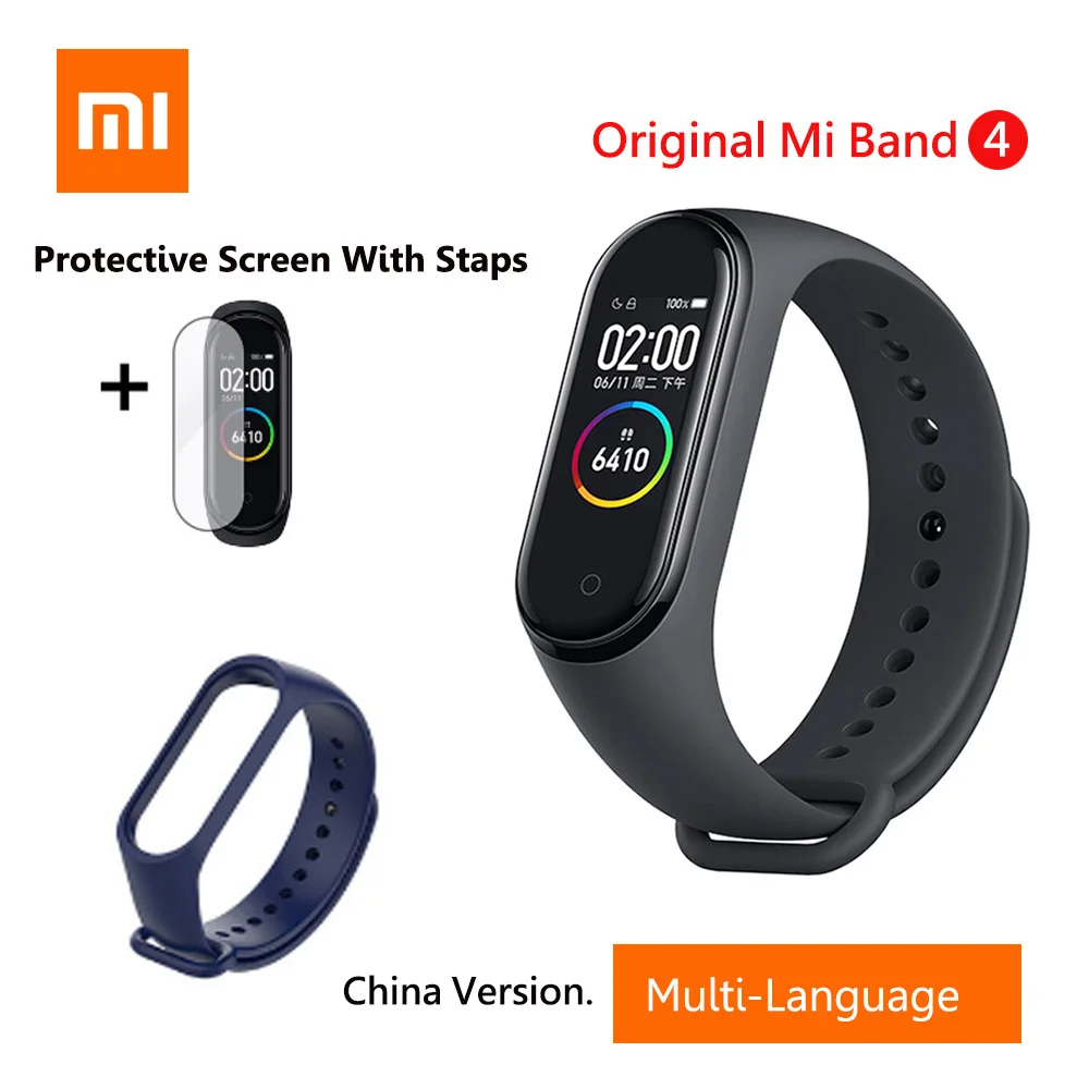 Add Dark Blue Strap Xiaomi Mi браслет 4 умный английский Русский Испанский фитнес-браслет с частотой сердечных сокращений 135 мАч Bluetooth 5,0 50 м водонепроницаемый - Цвет: Add Dark Blue Strap
