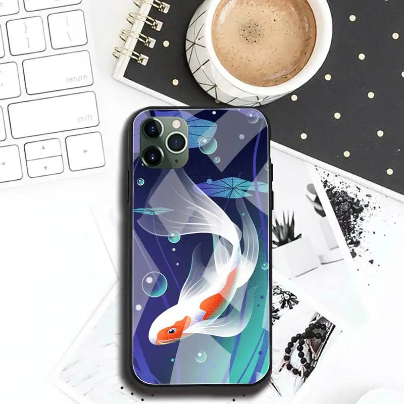 Чехол для телефона с китайскими кои рыбами закаленное стекло iPhone 12 Pro Max Mini 11 XR XS MAX