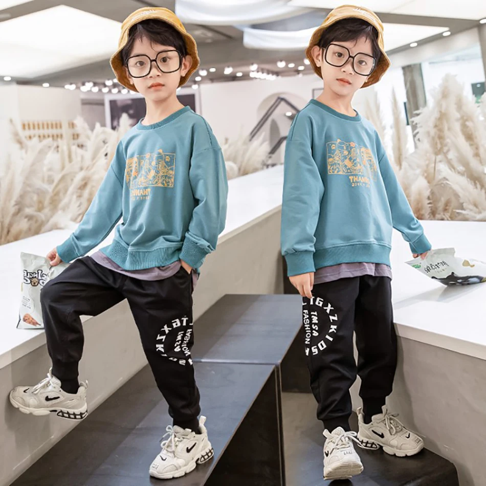 

Spring And Autumn Boys Casual Suit Boy O-neck Long-sleeved T-shirt + Loose Sports Trousers 2-piece Set Of Letter Printing Loose