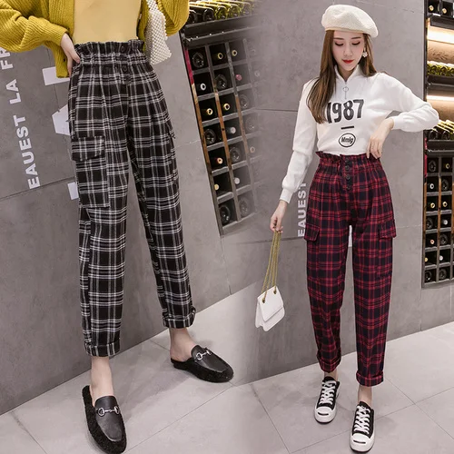 Свободные 2019 осенние модные клетчатые Pantalon с высокой талией повседневные
