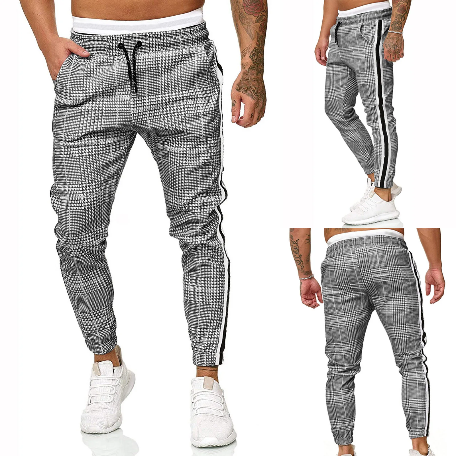 

Men's Long Pants Casual Sport Pants Slim Fit Plaid Trousers Running Joggers Sweatpants Elasticated Harem Pants штаны мужские G*