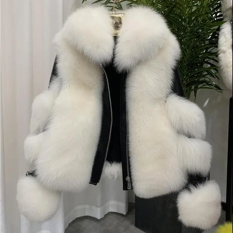 

2020 Women Fox Fur Coat Genuine Sheepskin Leather Jacket Long Sleeve 100% Natural Silver Fox Fur Coat with Detachable Collar