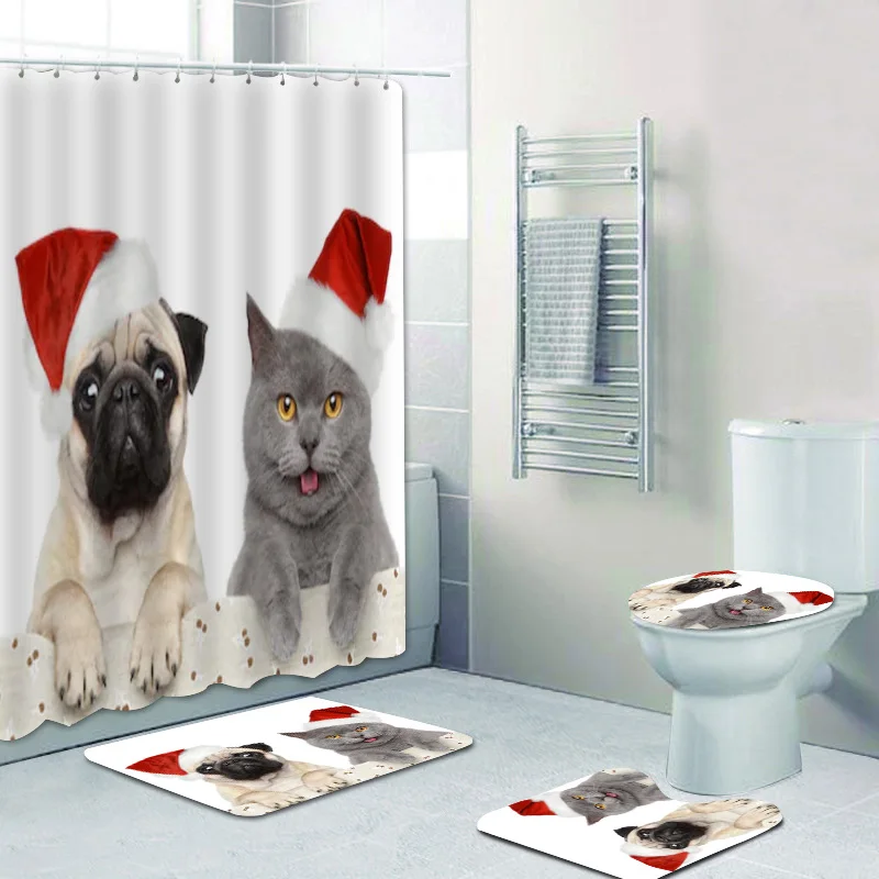 Забавная Рождественская 3d-занавеска Pugdog с собакой котом в шапке Санта-Клауса
