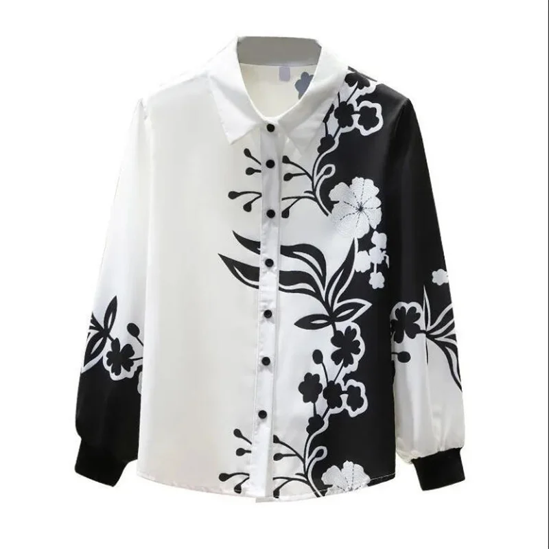 Black White Printing Imitation Silk shirt Ladies Spring New Shirt Mulberry OL Top Floral Print Basic Blouses Female |