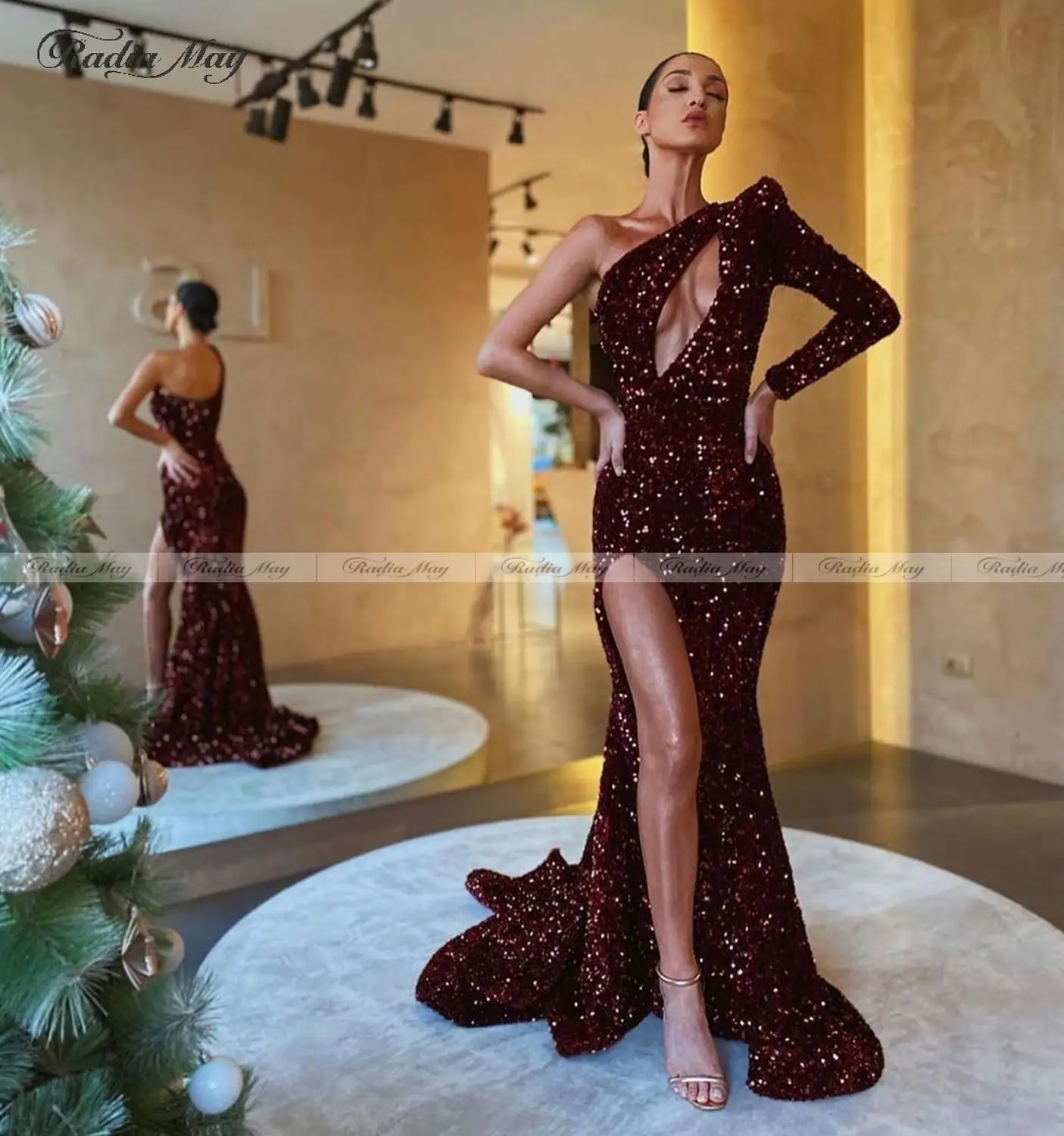 Блестящее блестящее платье на одно плечо Русалка Бордовое для выпускного вечера