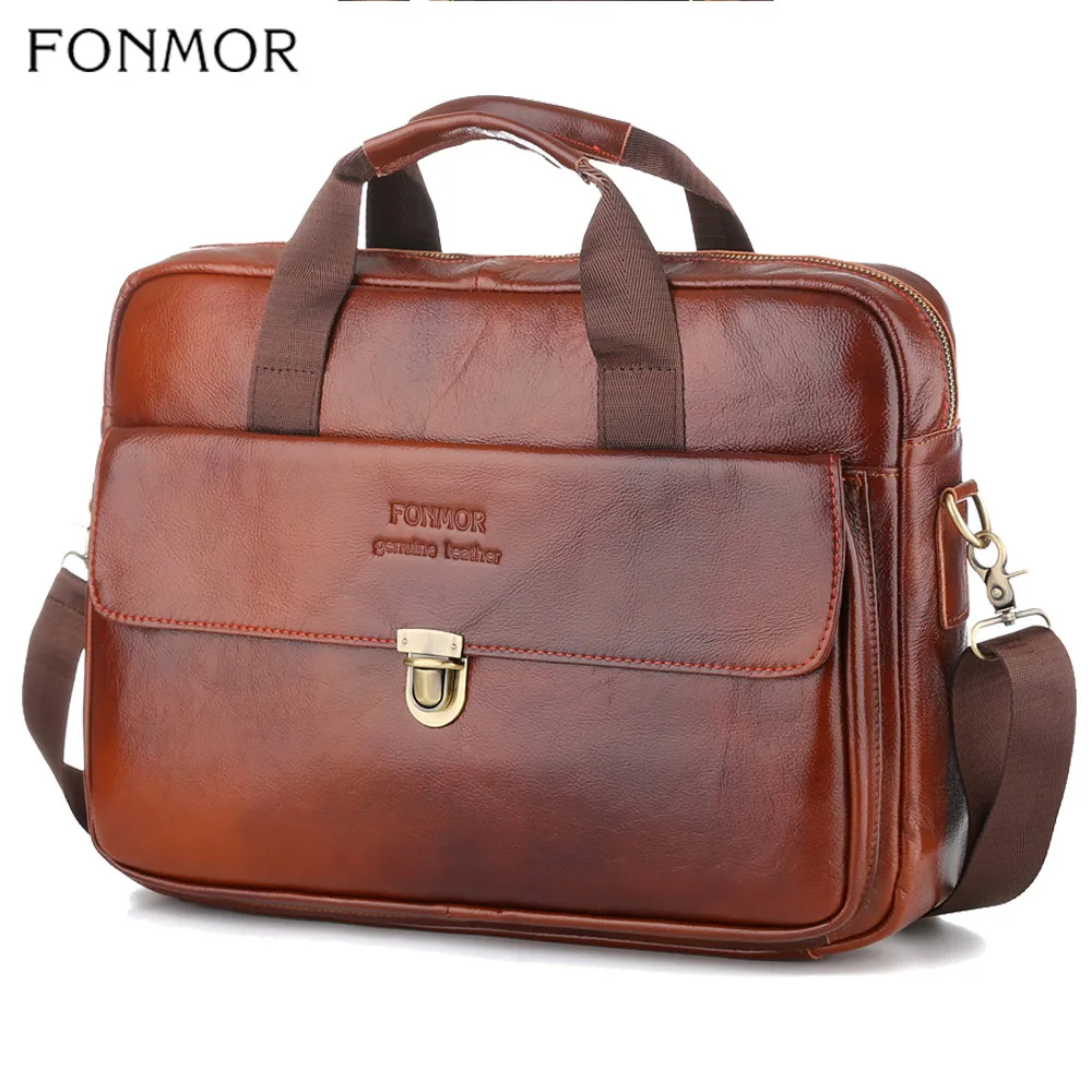 Fonmor модный портфель из натуральной кожи, сумка-мессенджер, сумка для ноутбука, Pc-рабочая воловья кожа, мужские деловые сумки на плечо, Офисная сумка - Цвет: Коричневый