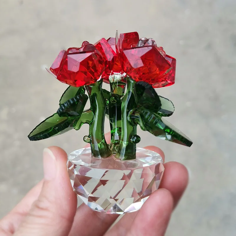 Crystal Rose Figurine Glass Bouquet Flowers Ornament Car Home Wedding Party Decor Craft Quartz Sculpture Souvenir Lover's Gifts