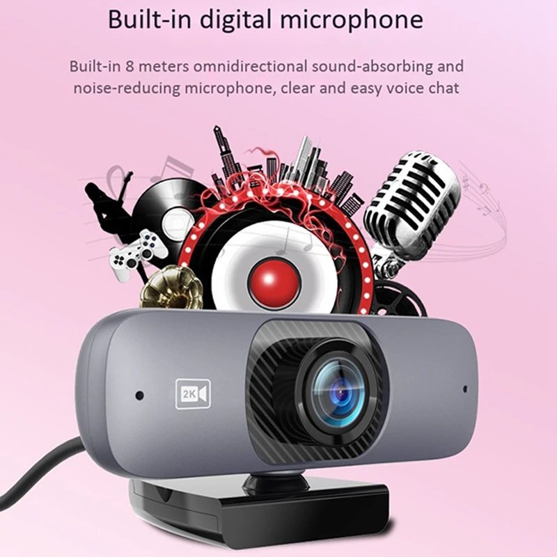 

Full HD Webcam, 1440P Computer Camera USB 2K Camera with Fixed Focus Drive-Free H.264 Compression for Computer / Laptop