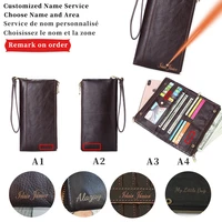 men genuine leather designer wallet long custom name carving wallet multiple card slots hand hold wallet envelope clutch purse