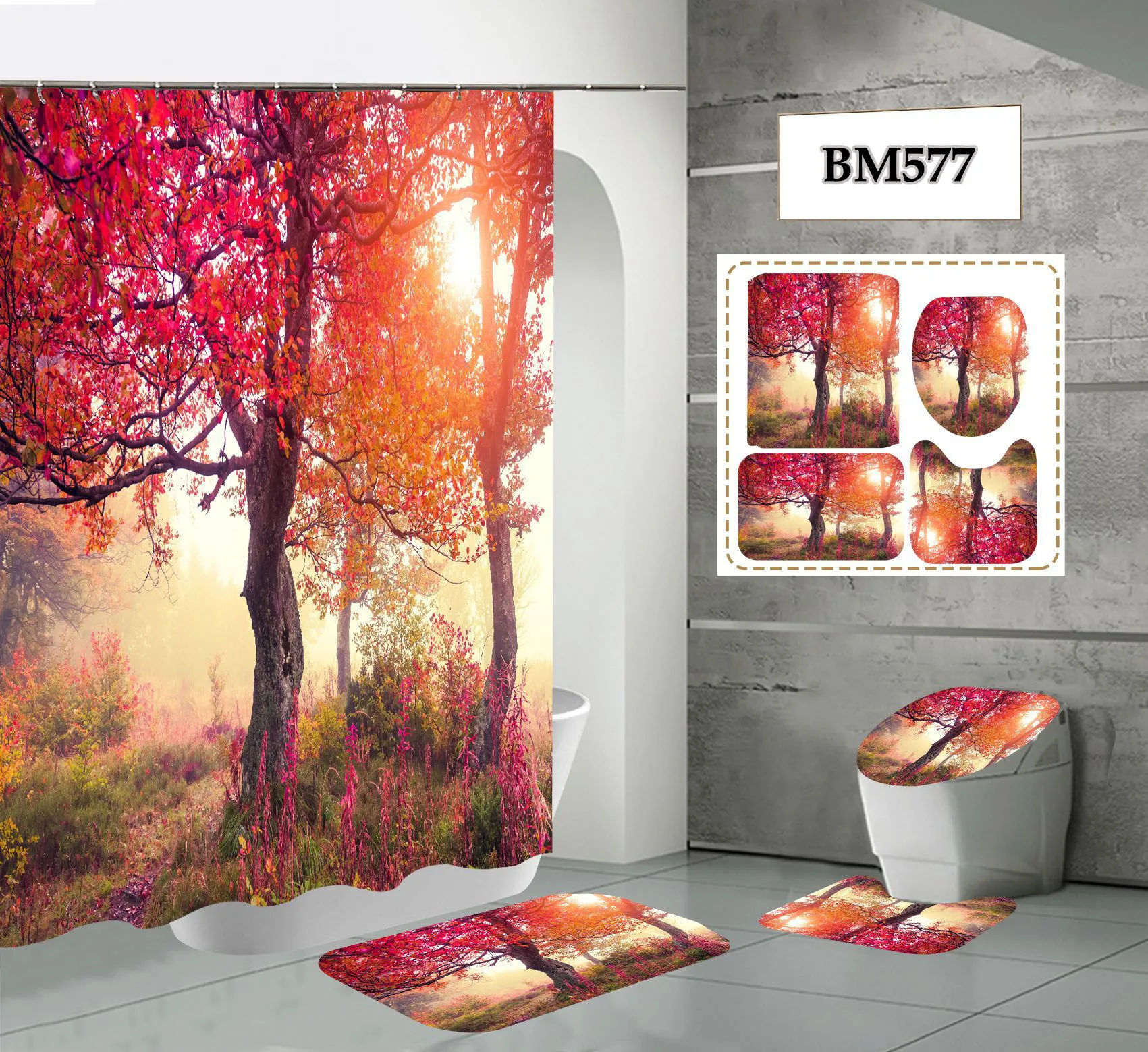

Тканевая занавеска для душа с 3d-изображением пейзажа леса водопада, набор для ванной комнаты с рисунком деревьев, коврик для ванной, чехол д...