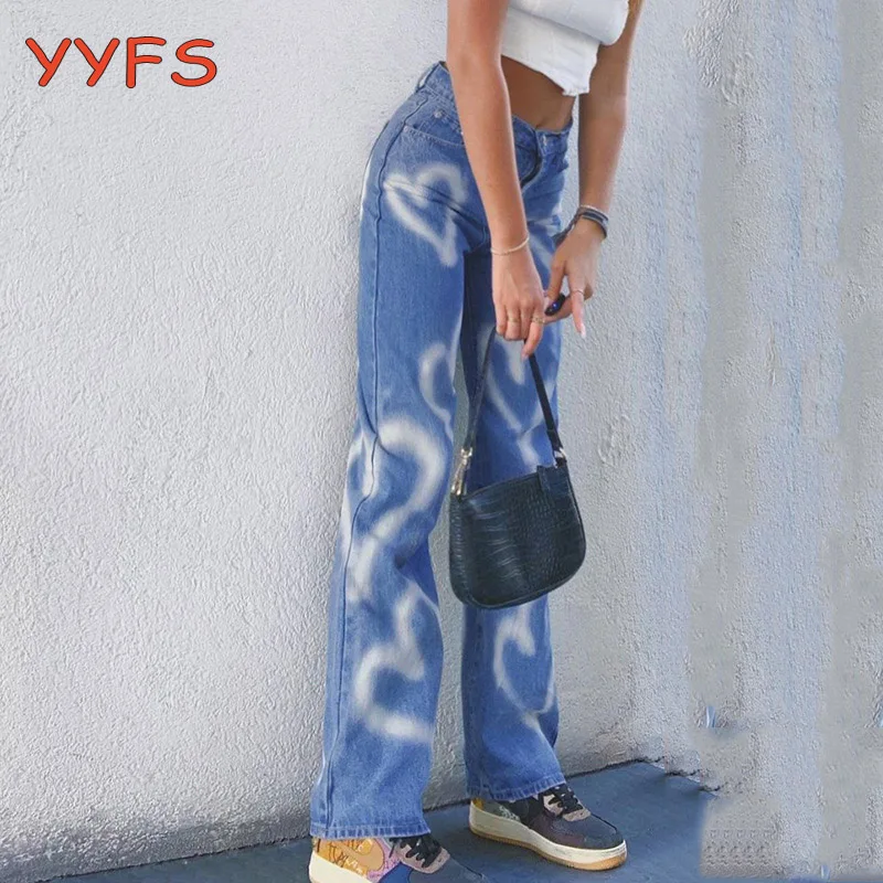 

Heart-shaped Print Jeans Pant Women Vintage High Waist Wide Leg Straight Long Trousers Female Cowboy Loose Street Harajuku Pants