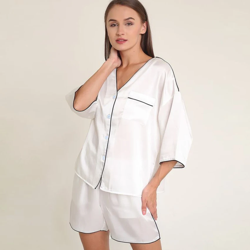 

Однобортный женский пижамный комплект Hiloc, костюмы с рукавом три четверти и шортами, атласная Домашняя одежда, осенняя одежда для сна, домаш...