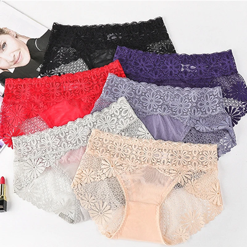 

Q Embroidered Flower Woman Panties Mid-waist Leggings Sexy Lace Breathable 1Pcs Transparent Underpants M/L/XL
