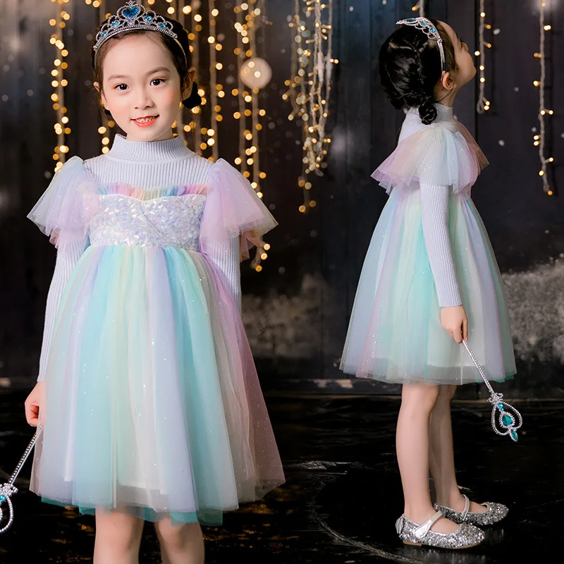

2020 Autumn New Rainbow Children Princess Chiffon Kids Tutu Dresses for New Year Party Toddler Girl Dresses baby girl clothing