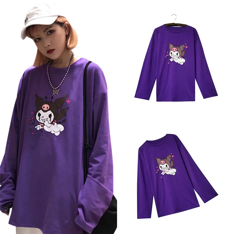 

Trendy Cartoon Demon Print Purple Women T-Shirt Long Sleeve O-Neck Female T Shirt Casual Loose Tee Top