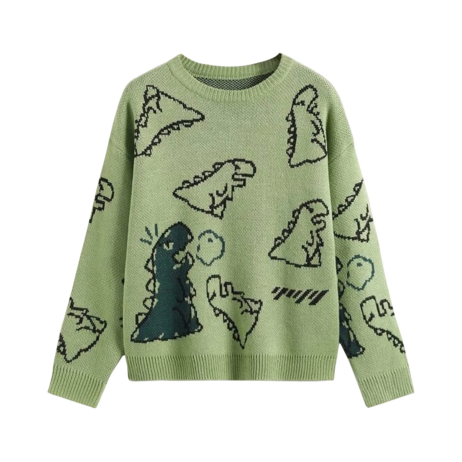 

Cute Cartoon Dinosaur Print Sweaters Women Knitwear Round Neck Long Sleeve Knitted Tops Spring Fall Ladies Casual Pulllovers