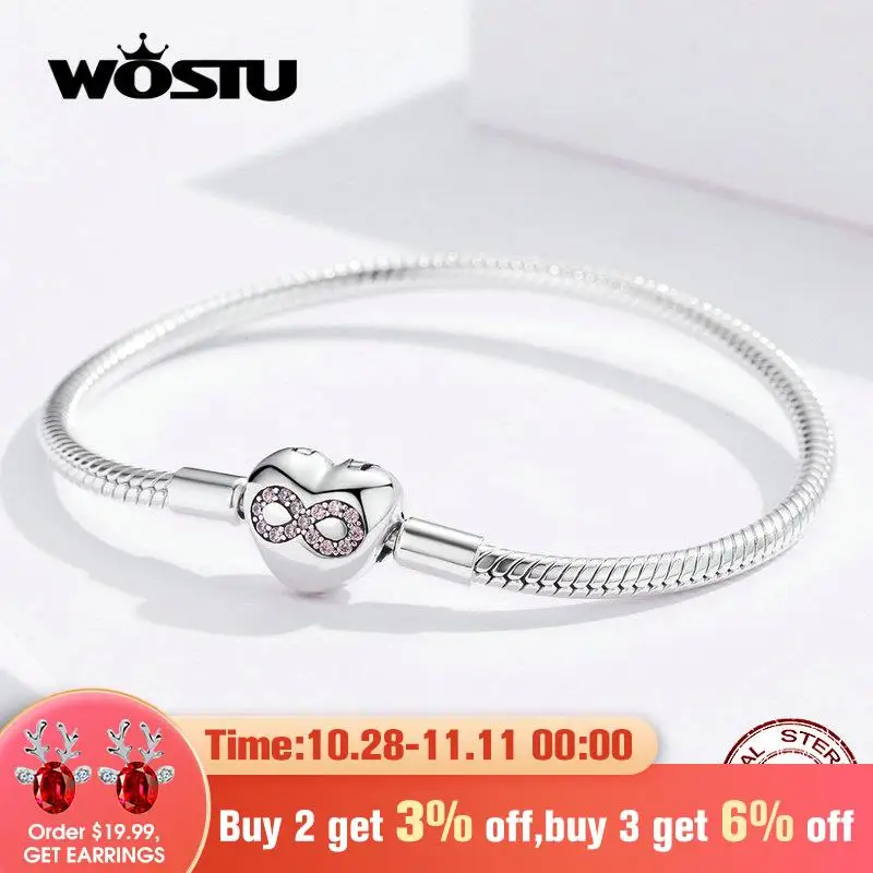 Женский браслет с сердечком WOSTU из 100% стерлингового серебра 925 пробы розовым