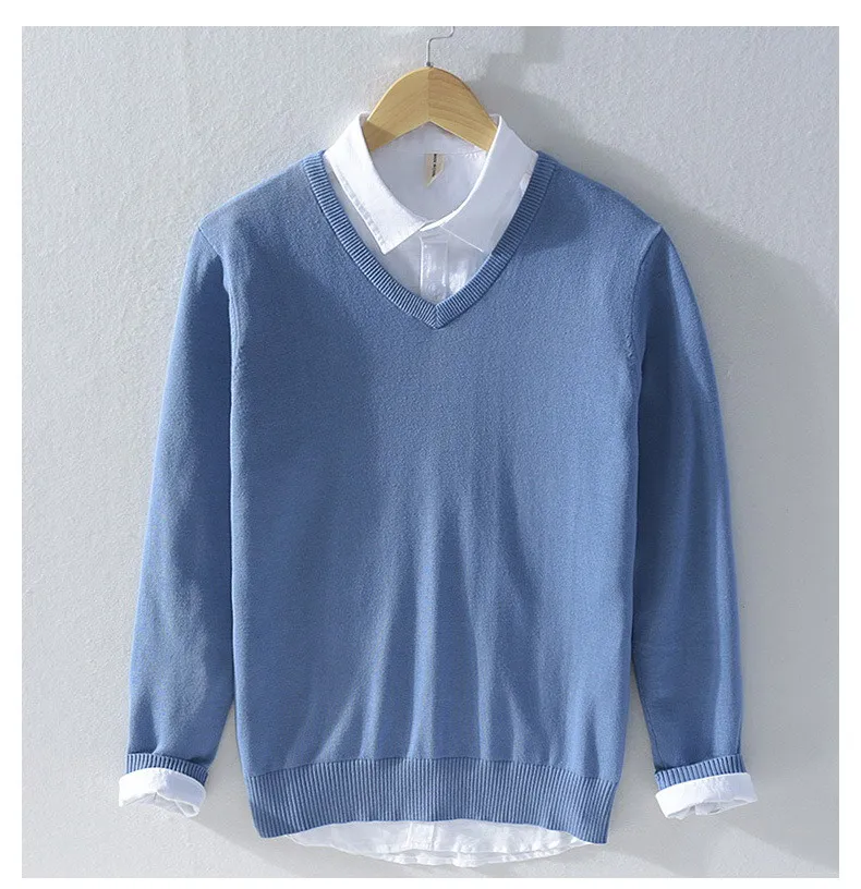 Мужской вязаный свитер с длинным рукавом брендовый Однотонный из 100% хлопка