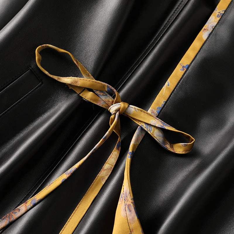 High Street Sheepskin Mid Length Black Jacket Printed Lining Women's Genuine  Leather New Casual Coat 2021 Spring Clothing