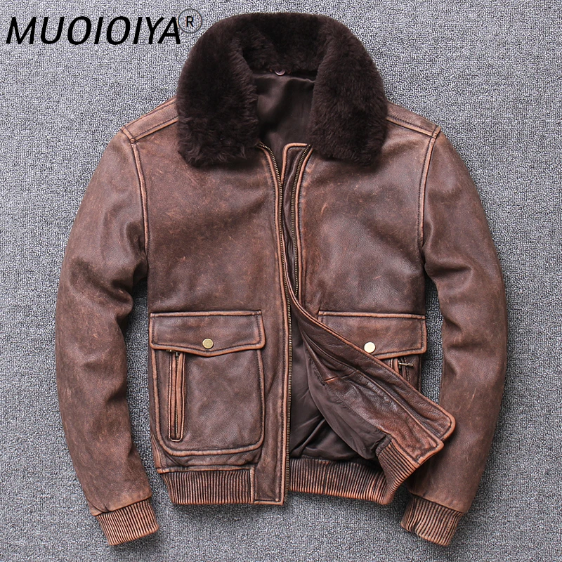 

Mens Brown Air Force Flight Leather Jacket Vintage Wool Collar Plus Size Genuine Cowhide Winter Russian Aviator Pilot Coat Male