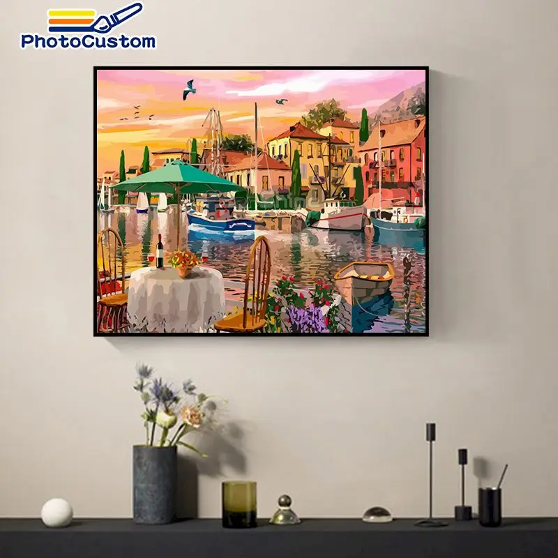 

PhotoCustom Oil paints By Numbers Town For Adults and Children Acrylic Picture Home decor gift Landscape 40x50cm