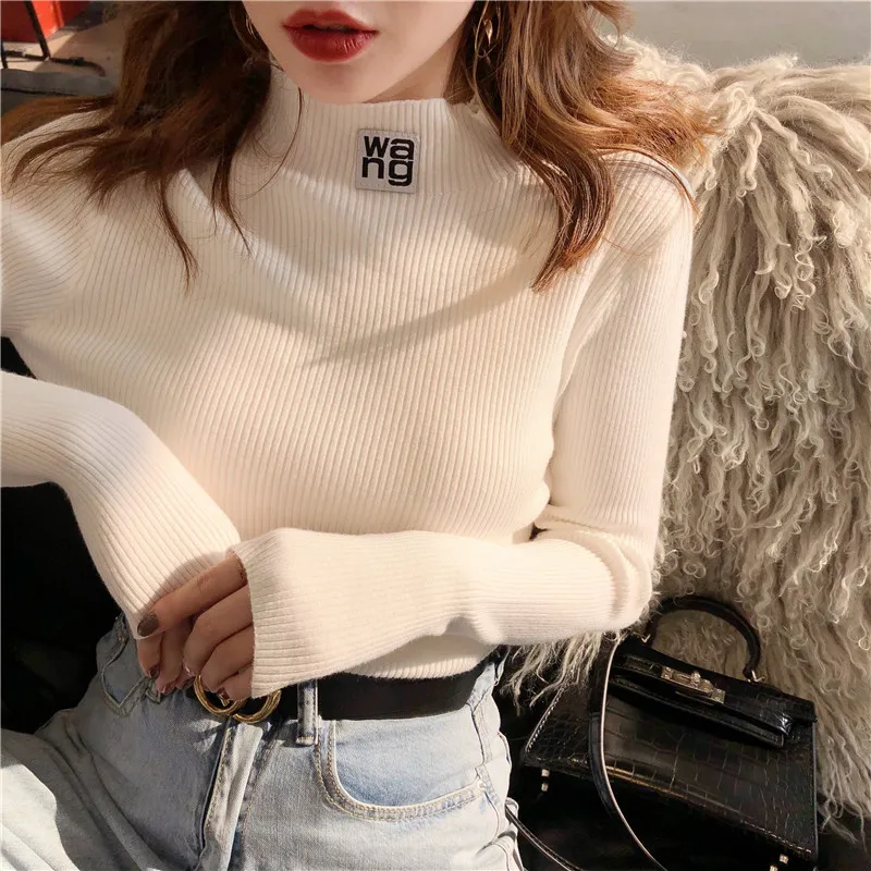 

Half Turtleneck Pullovers Solid Appliques 2022 Autumn Winter All Match Women Sweaters Slim New Pull Femme Fashion