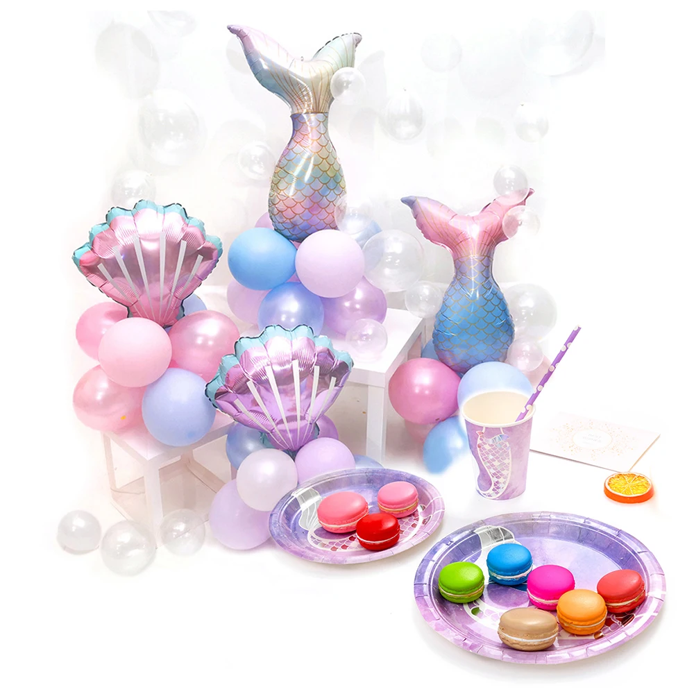 

Tableware Princess Little Mermaid Happy Birthday Theme Party Balloon Paper Plate Cup Purple seashell Girls Baby Shower Supplies