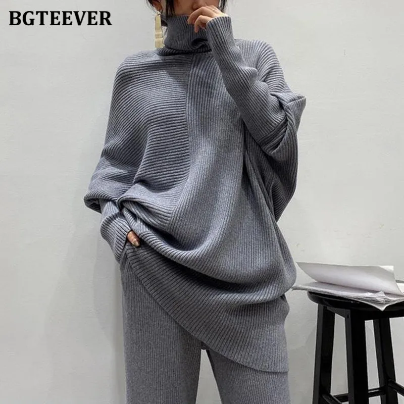 BGTEEVER Winter Thicken Warm Women Sweater Set Turtleneck Irregular Pullovers & Wide Leg Knitted Pants 2021 Autumn Winter