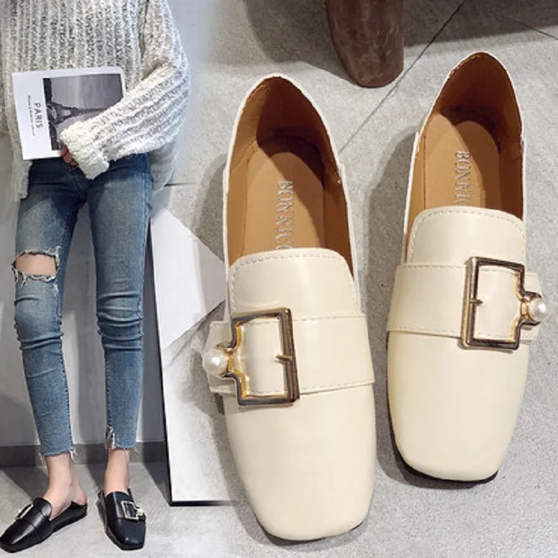 

2021 spring new ladies flat shoes casual wild comfortable belt buckle square head flat heel women's single shoes Korean version
