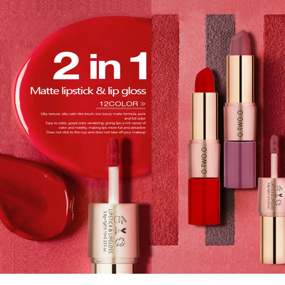 

2 In 1 Matte Lipstick With Lip Gloss Combo Special Double Head Non-stick Cup Plumping Gloss High-quality Professional Makeup