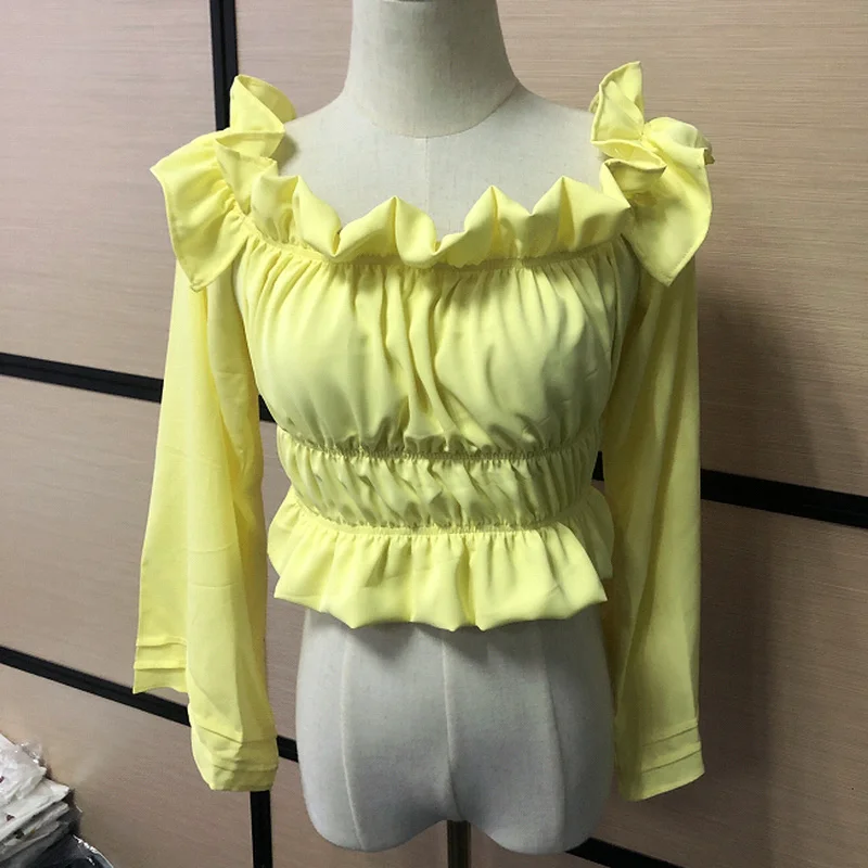 

2021 Women Spring and Autumn Sexy Temperament Women's Fashion Yellow One-word Shoulder Folds Ruffled Cropped Tops