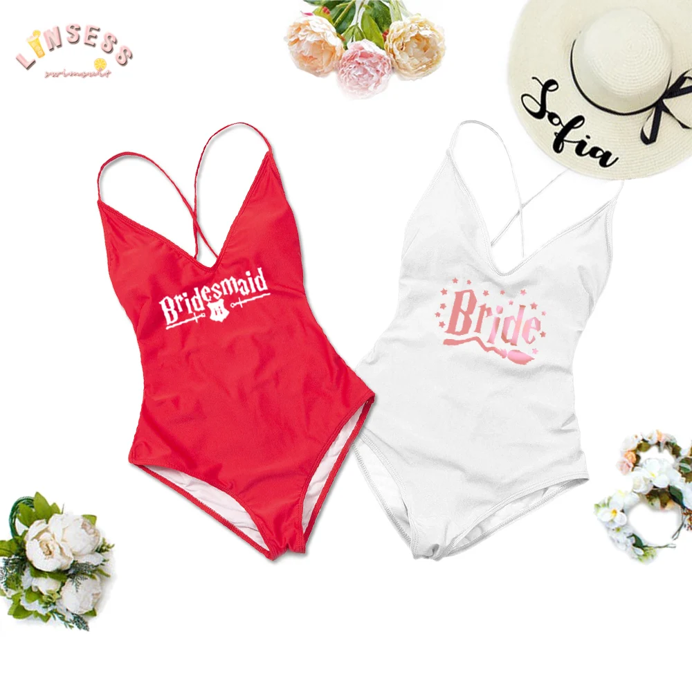 

Wizard Themed Bachelorette Swimsuits Padded Bride Bathing Suit Sexy V-Neck Maid Of Honor Swimwear Lace Up Back Red Bodysuit 2021