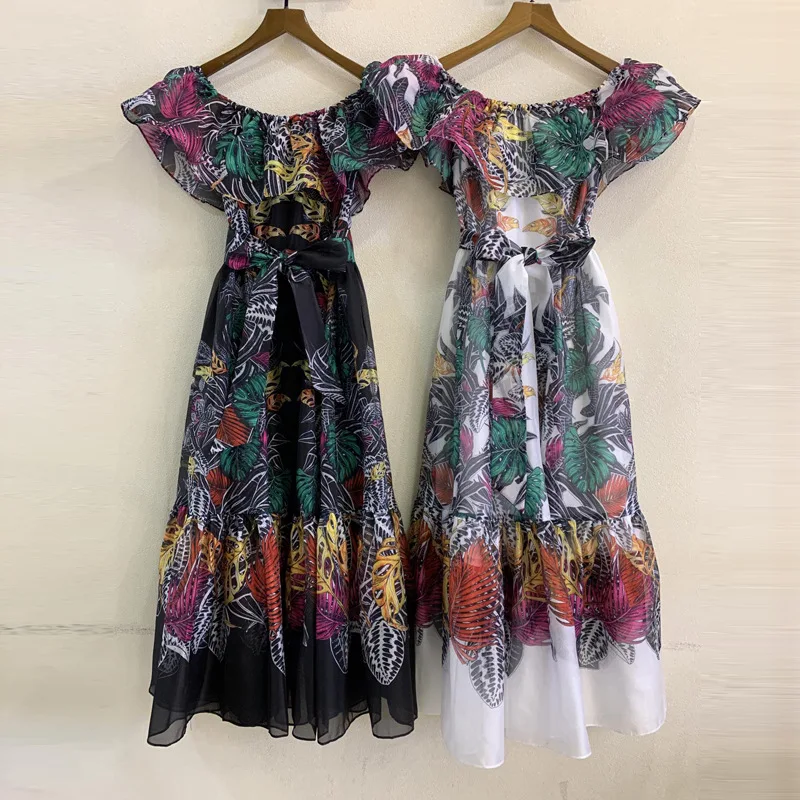 

2021 летние взлетно-посадочной полосы высокого качества в винтажном стиле; С принтом платья до середины икры для женщин пикантные slash шеи пояс...