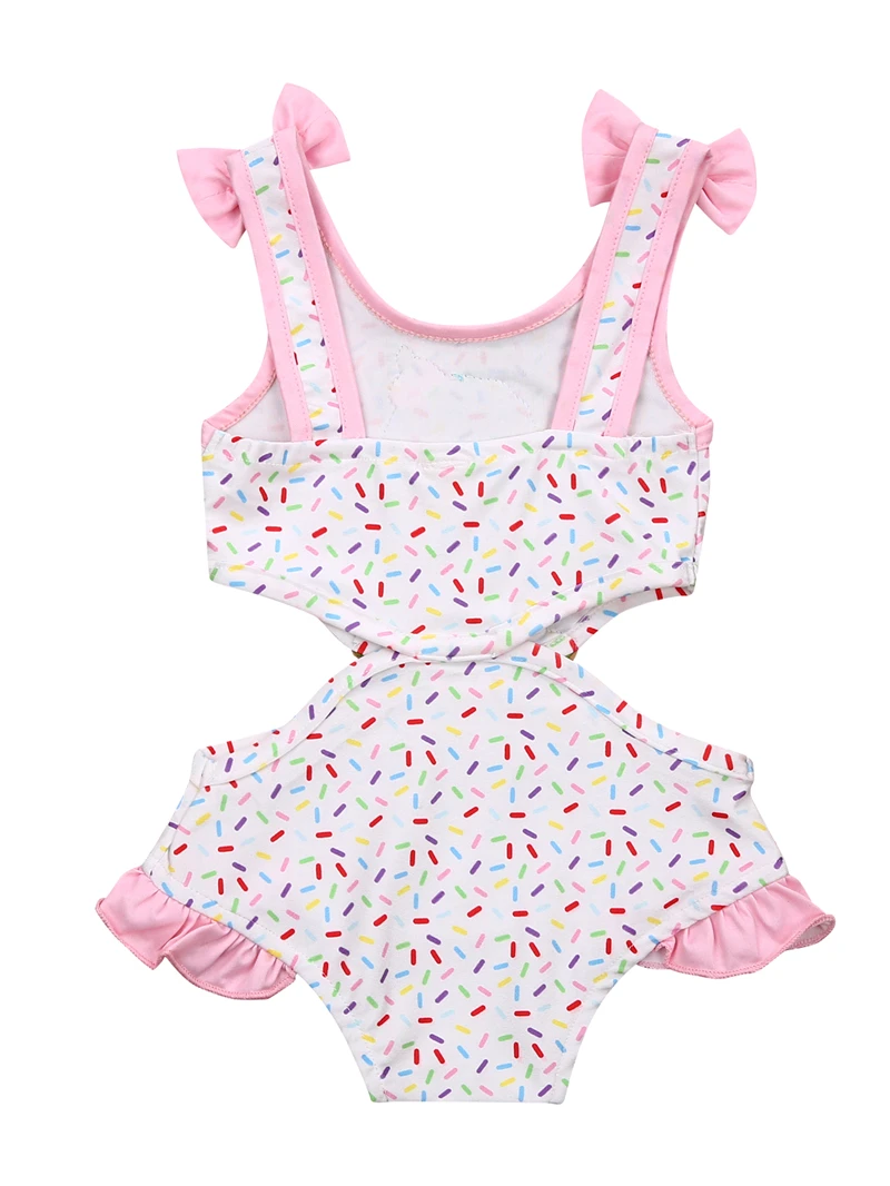 

New Hot Sale Fashion Girl Sweet Ruffles One Piece Swimsuit Fashion Bow Ice Cream Print Hollow Suspender Swimsuit Wholesale