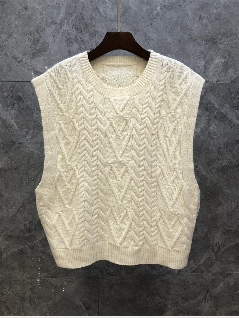 

High Quality Sweaters 2021 Autumn Pullovers Women Geometric Patterns Knitting Sleeveless Casual Apricot Dark Blue Jumpers Ladies