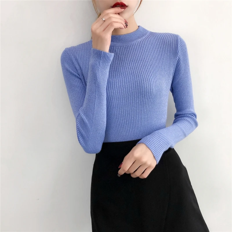 Женский трикотажный пуловер однотонный черный свитер с высоким воротником