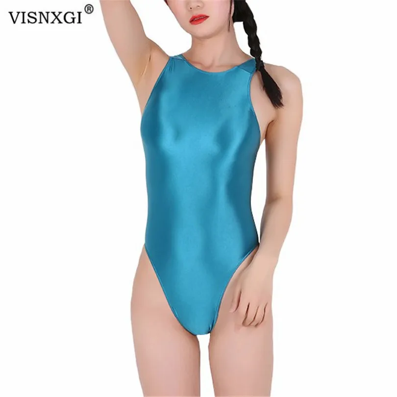 

VISNXGI O Neck Sleeveless Sexy Bodysuit Women Off Shoulder Body Top Streetwear Suit Body Top Satin Glossy Nylon Elastic Clothing