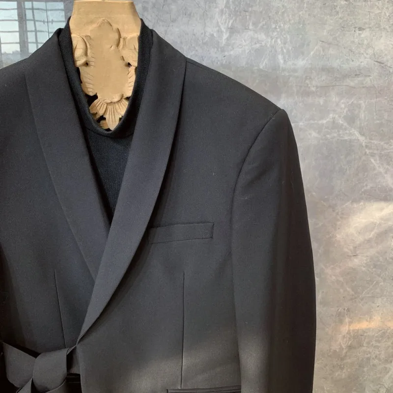 

New Mens Fashion Slim Vintage Suit Jackets Turn-Down Collar Belt Pockets Split Korean Style High Quality Classic Casual Coat