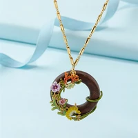 new product fashion sandalwood flower vine enamel glaze necklace sweater chain female hand drawn gold plated craft jewelry
