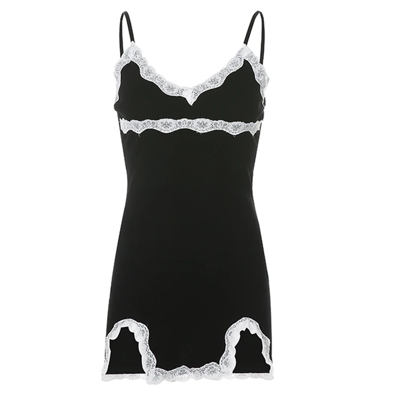 

New Lace Patchwork Irregular Mini Dress Women Black Spaghetti Strap Sexy Bodycon Dresses Summer Vintage Outfits