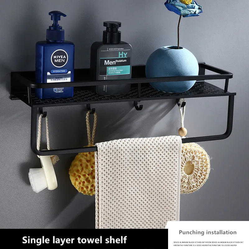 Ванная полка с полотенцедержателем, крепится к стене, изготовлена из алюминия, черная, держатель для шампуня, корзина для угловой полки.