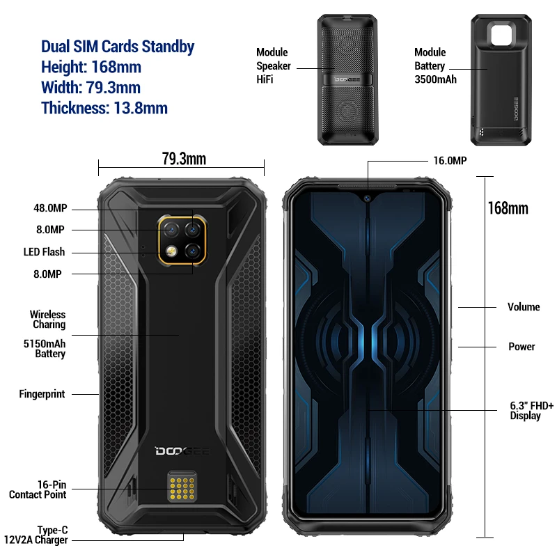 DOOGEE S95 Pro IP68/IP69K Modular Rugged Phone 6.3'' Helio P90 Octa Core 8GB 128GB 5150mAh 48MP Triple Cam Android 9.0 NFC