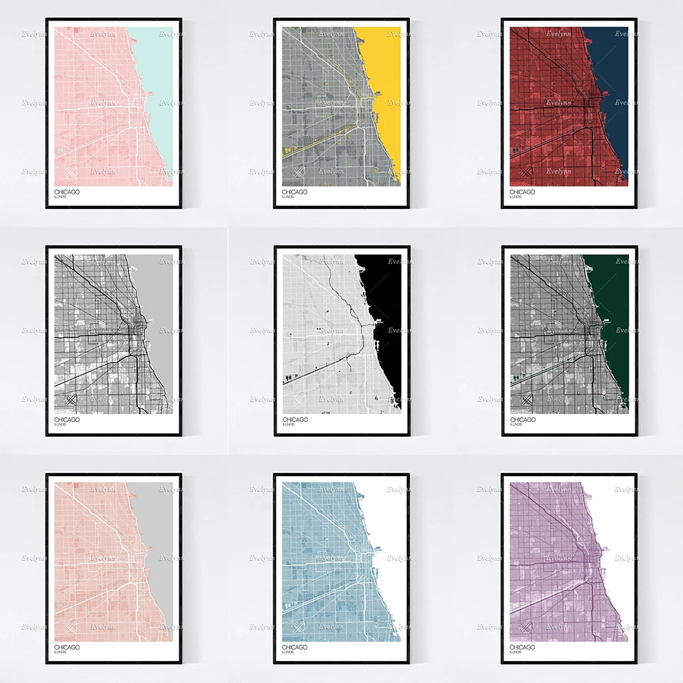Карта Чикаго Иллинойс скандинавский Ретро минимализм живопись плакаты и принты