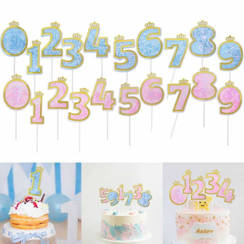 

1pc Number Cake Toppers Baby Shower Decorations Pink Blue 0-9 Digital Cake Topper Birthday Party Anniversary Dessert Flags Decor